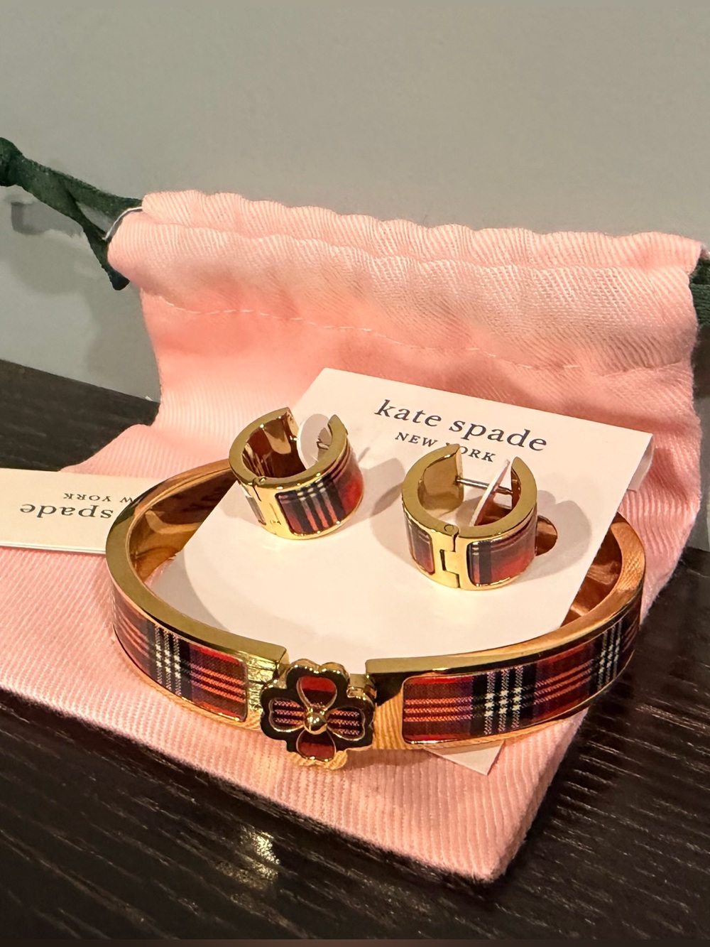 kate spade Gold-Tone Pink Plaid Heritage Flower Hinged Bangle & Earring Set